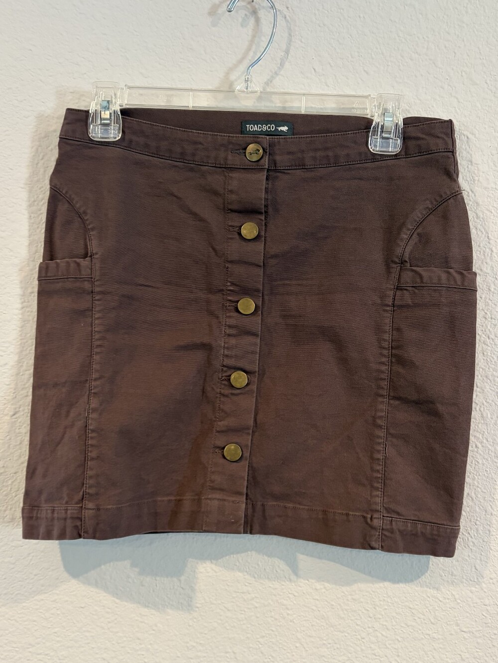 Toad & Co Womens Classic Casual Brown Cotton Gold Button Pocket Mini Skirt 2